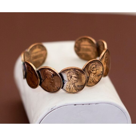 Vintage Antique Ancient Coins Cuff Bracelet 6 inch by Penny - U7 - Picture 1 of 3